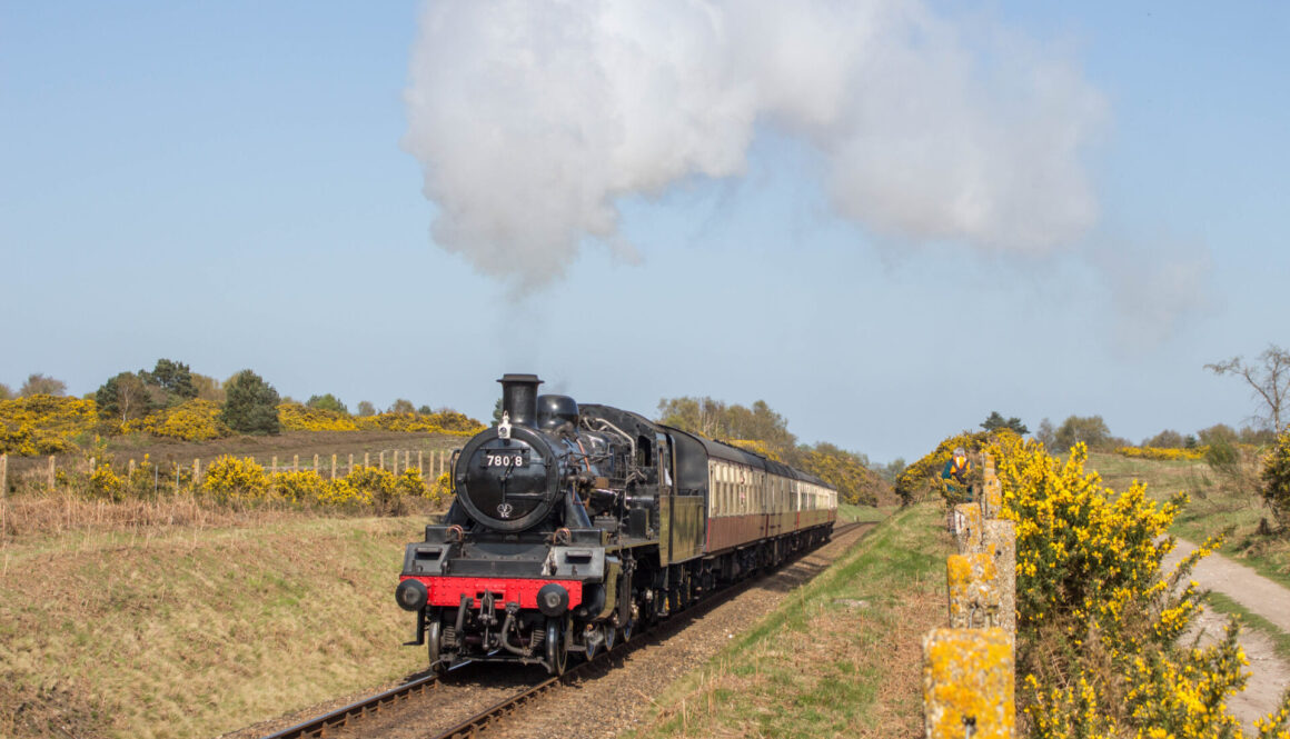78018 climbing towards Windpump Crossing during the North Norfolk Railways Spring Steam Gala 20.4.2018