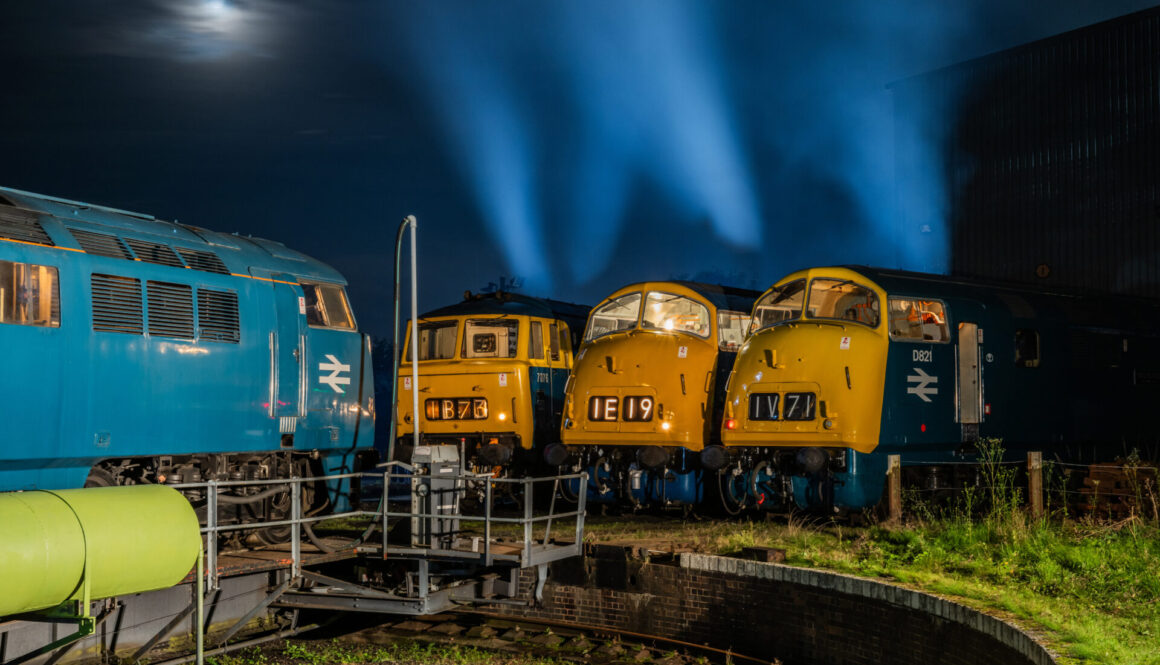Pic: Jack Boskett - A diesel hydraulic nightshoot took place at the Severn Valley Railway on Kidderminster depot to recreate a 1970/1980 Old Oak Common scene with Westerns, Warships and Hymeks.