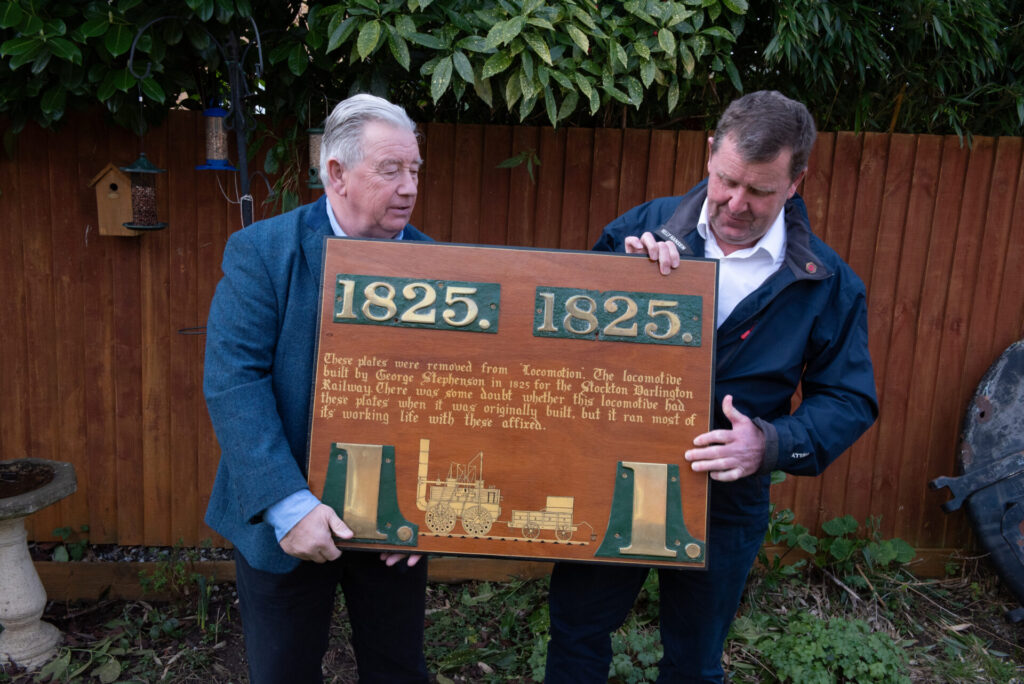 Neil Booth of Railwayana Auctions UK and David Gray with the 'Locomotion' plates. Credit Trackside Magazine