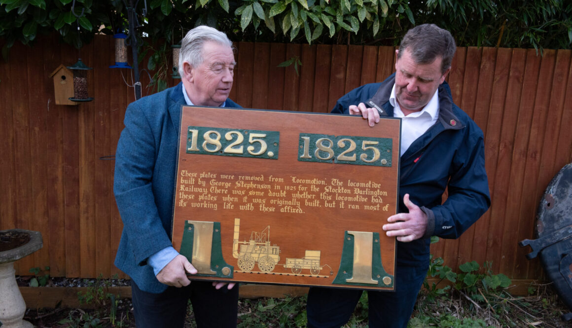 Neil Booth of Railwayana Auctions UK and David Gray with the 'Locomotion' plates. Credit Trackside Magazine