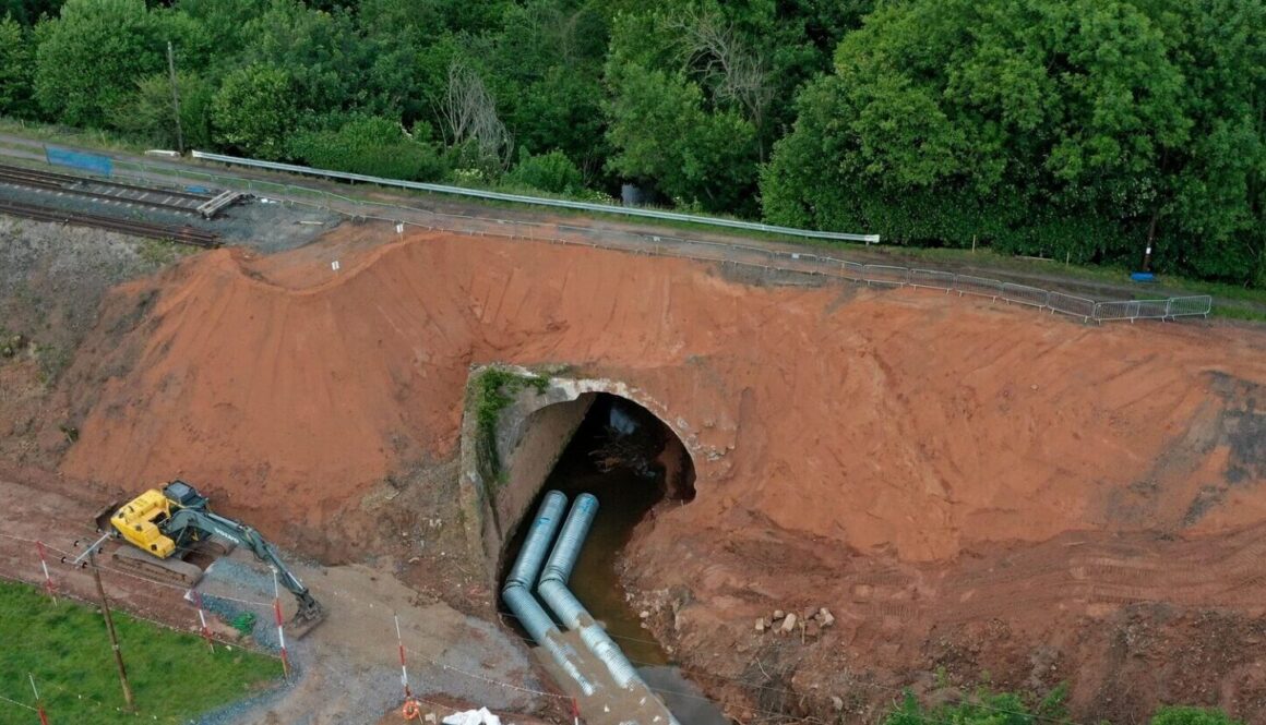 Aerial view of the site, with the temporary culverting of the watercourse being constructed. GARY ESSEX