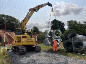 Some of the large metal tubes used to form the temporary culvert for the watercourse. LESLEY CARR