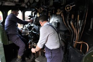 On the footplate of the reopening 'Flying Scotsman' service. Driver Paul Fathers and fireman Andy Stringer. KEITH WILKINSON