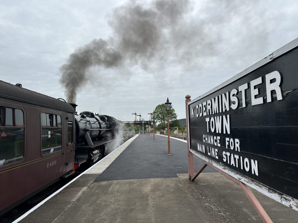 The new platform in service as Stanier Mogul 13268 departs with the 10.15 from Kidderminster Town station. Keith Wilkinson